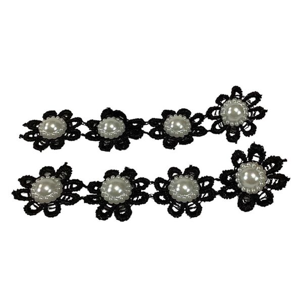 Vintage Handmade Plastic Pearl & Black Floral Crocheted Drop Earrings for Pierce - Picture 5 of 6